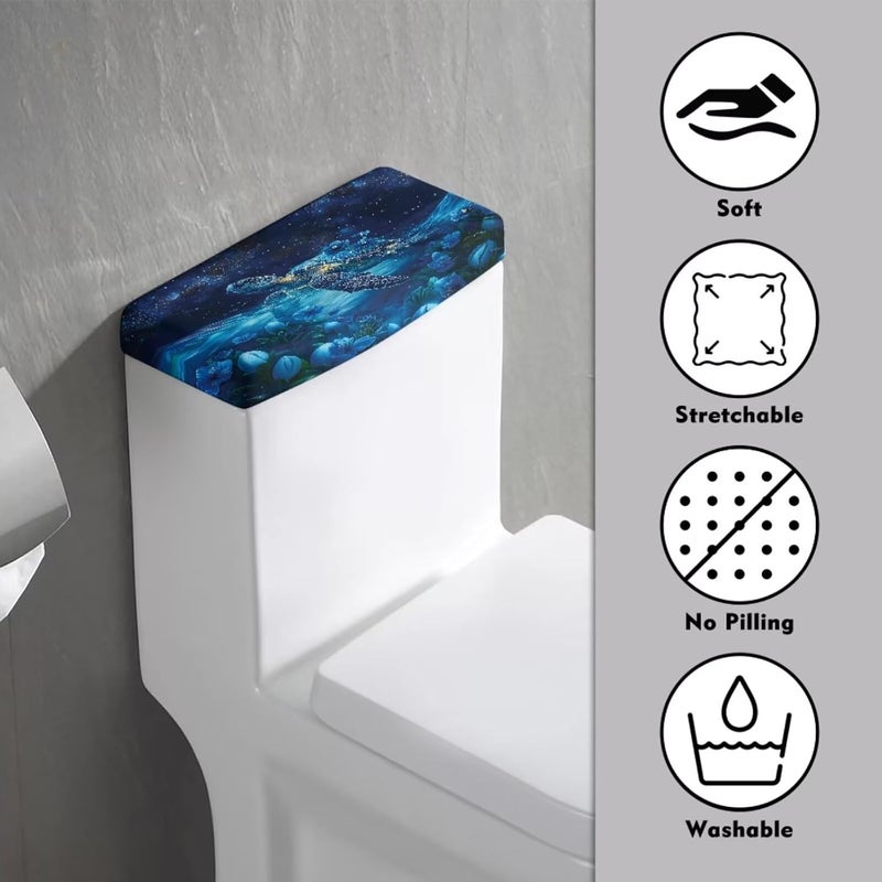 Tesivruno Sea Turtle Flower Print Toilet Tank Lid Cover, Decorative Toilet Top Cover with Starry Sky Ocean Printed, Universal Toilets Tank Dust-Proof Covers, Blue - Image 3